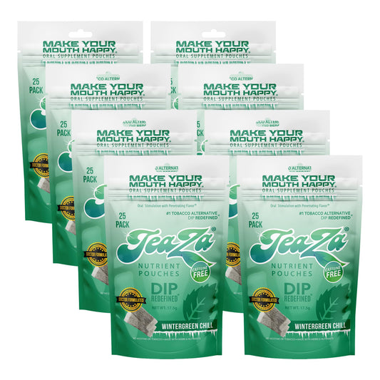 TeaZa Herbal Energy Pouches Wintergreen Chill in an 8-pack for discreet refreshment