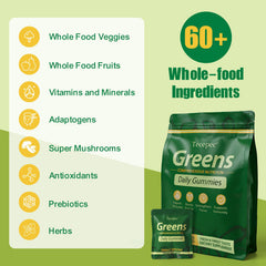 Tecepec Greens Daily Gummies bottle back highlighting ingredients and a gluten-free, dairy-free formula