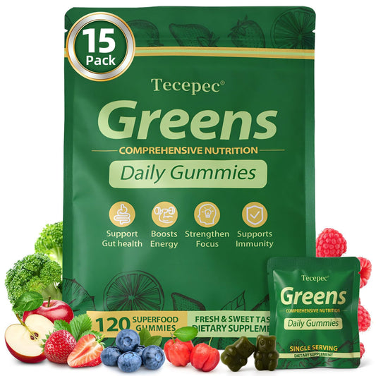 Tecepec Greens Daily Gummies bottle front showing convenient daily wellness for digestion