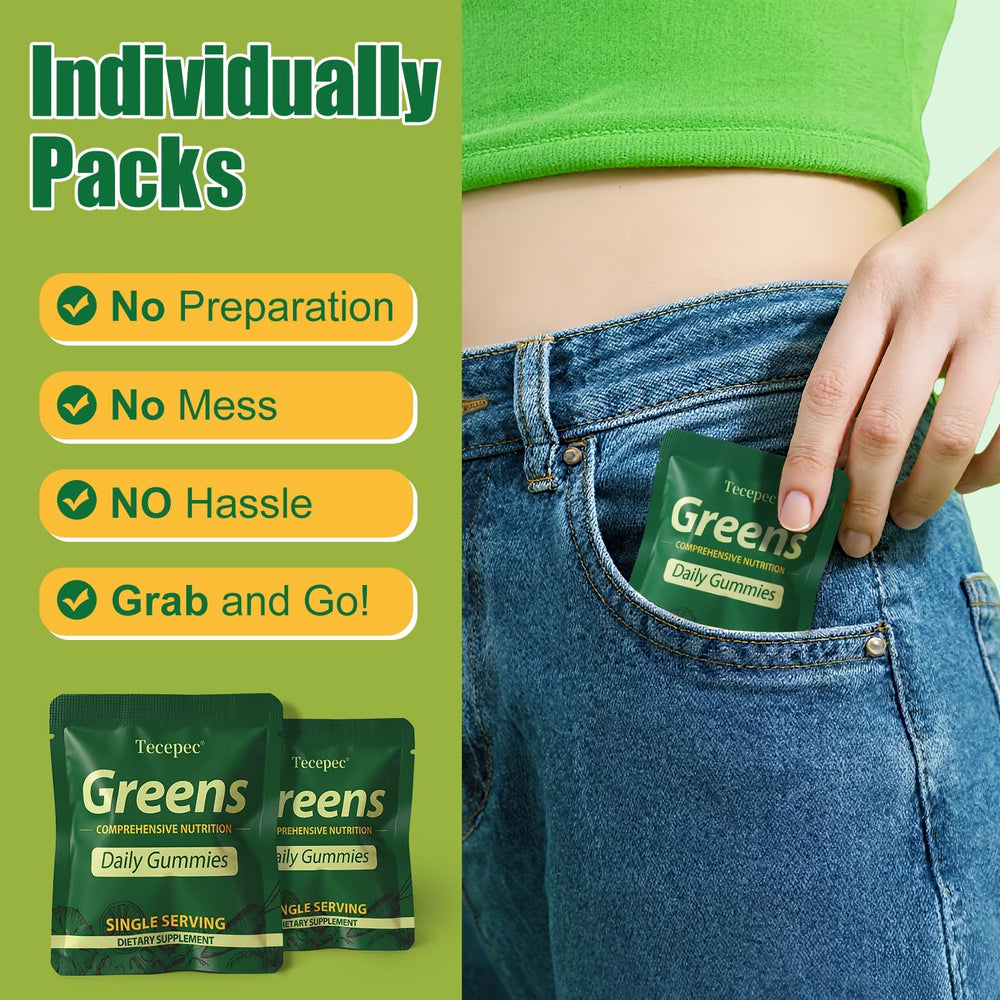 Tecepec Greens Daily Gummies label shows gluten-free and dairy-free status.