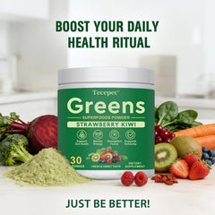 Tecepec Super Greens Powder ongoing-use scenario shows daily vitality across a busy day