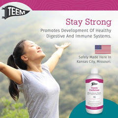 Teem Defense bottle with clear gluten-free and sugar-free labeling for family use.