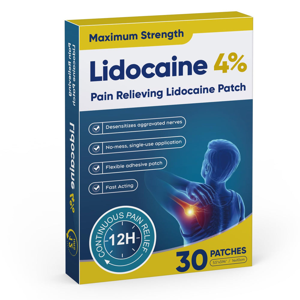 Teemofe Lidocaine patch box front for targeted, temporary relief.