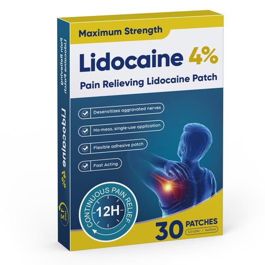 Teemofe Lidocaine patch box front for targeted, temporary relief.