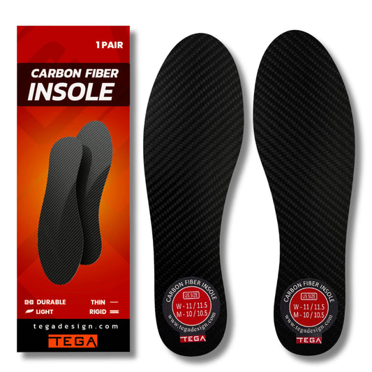 TEGA carbon fiber insole pair providing lightweight support for both feet during sports