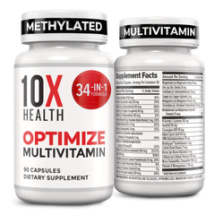 10X Health Optimize bottle front label for daily methylated multivitamin support.