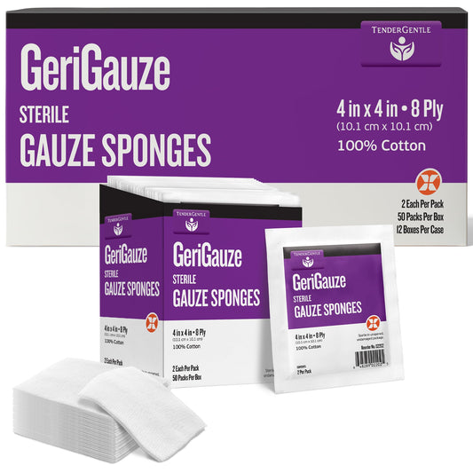 TenderGentle sterile 8-ply woven gauze sponge for wound cleaning and absorption.