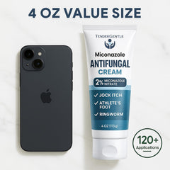 TenderGentle anti-fungal cream label—highlights 2% miconazole nitrate for fungal care