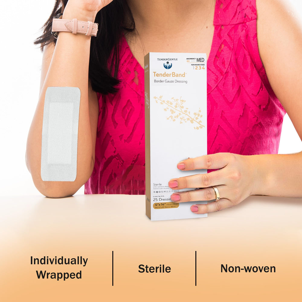 TenderGentle island dressing with large adhesive sticks to skin.