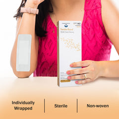 TenderGentle island dressing with large adhesive sticks to skin.