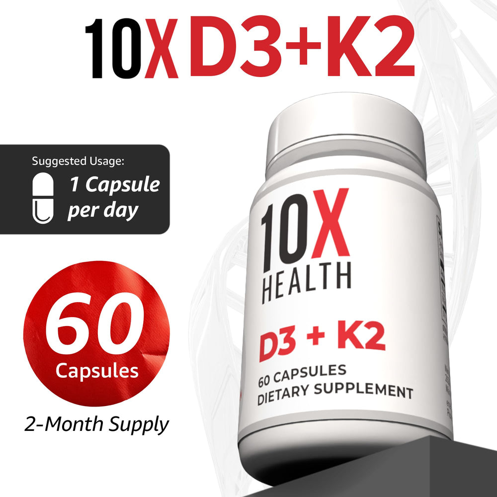 Close-up of 10X Health System D3K2 capsules on palm for daily wellness
