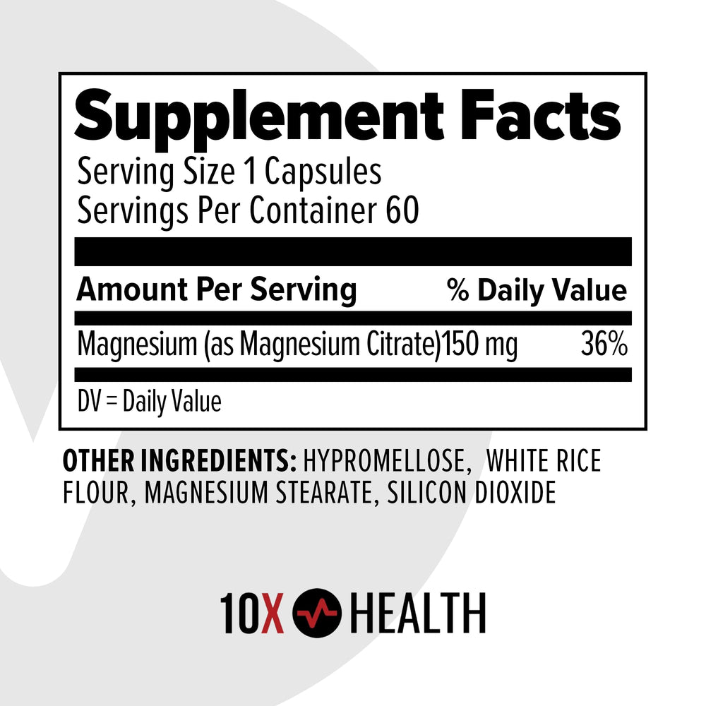 Label close-up from TenX Health magnesium citrate showing ingredients and certifications.