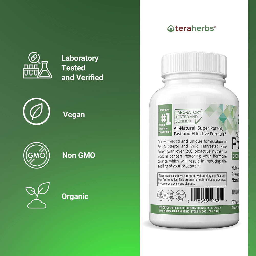Teraherbs Super Prostate 3X label highlights beta-sitosterol and pine pollen.