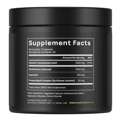 Terra Elmnt glutathione bottle label highlights vitamin C and quercetin for paired support.