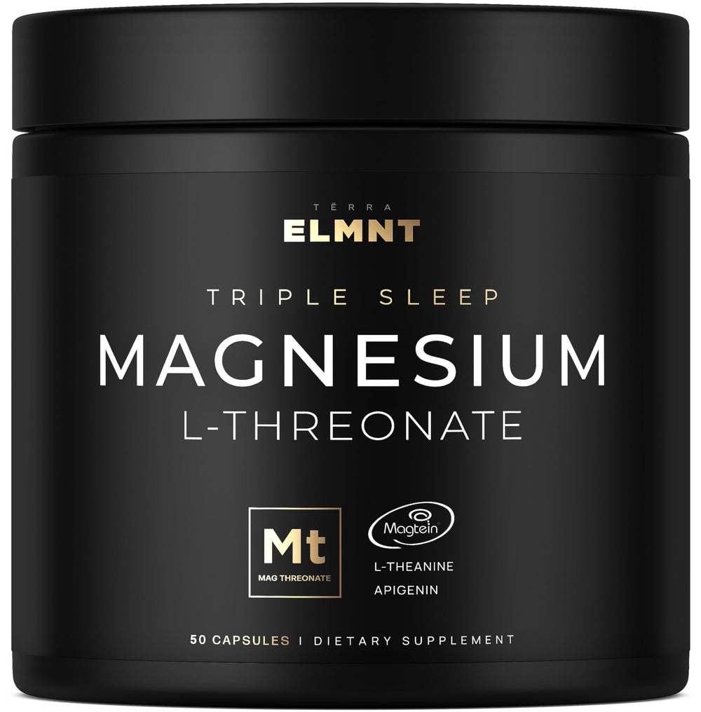 Terra Elmnt Triple Sleep bottle front showing the high-absorption Magtein magnesium for restful nights.