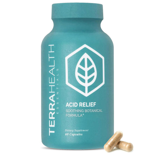 Terra Health Essentials Acid Relief bottle for gentle post-meal digestive support.