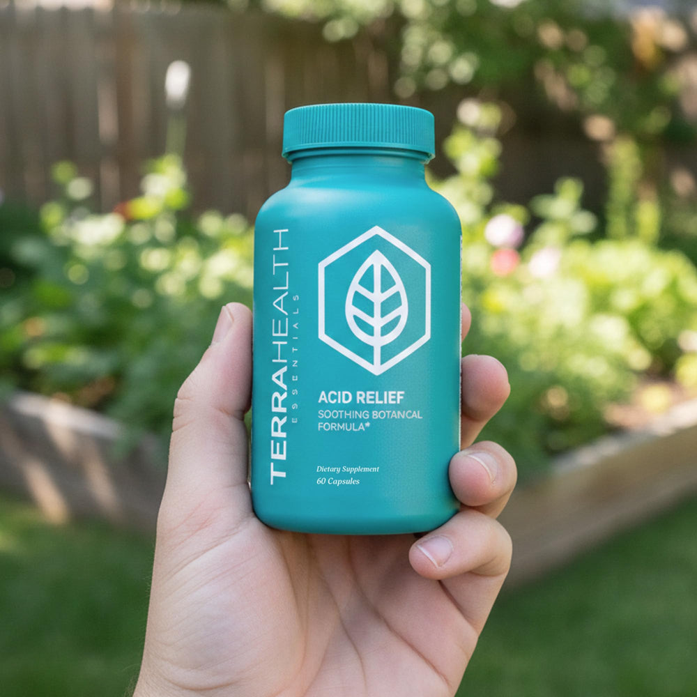 Terra Health Essentials Acid Relief with DGL licorice designed for soothing digestion.