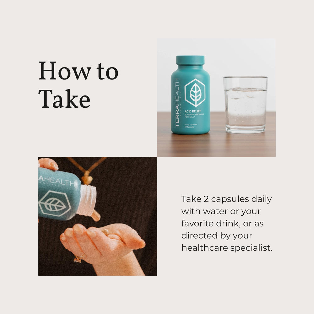 Terra Health Essentials Acid Relief slippery elm contributes natural digestive comfort.