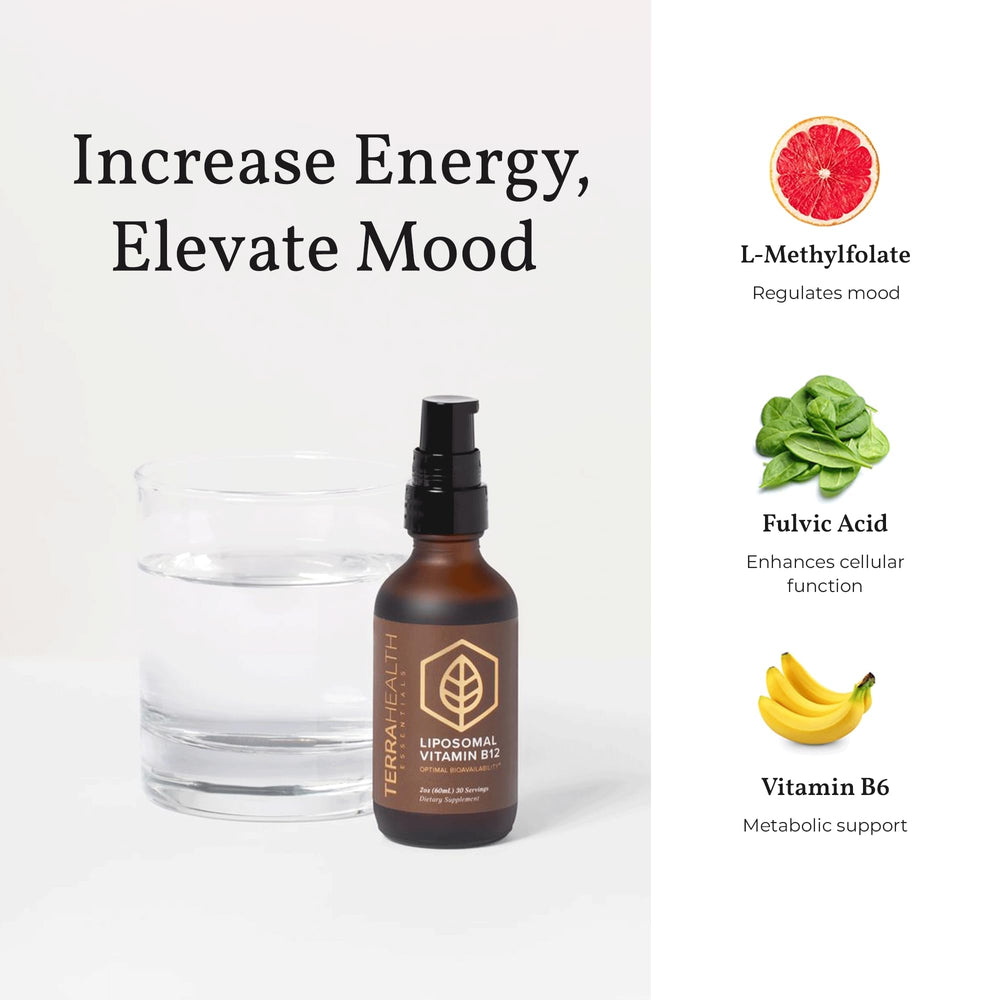 Terra Health Essentials Liposomal B12 close-up bottle tip for quick daily energy dosing.