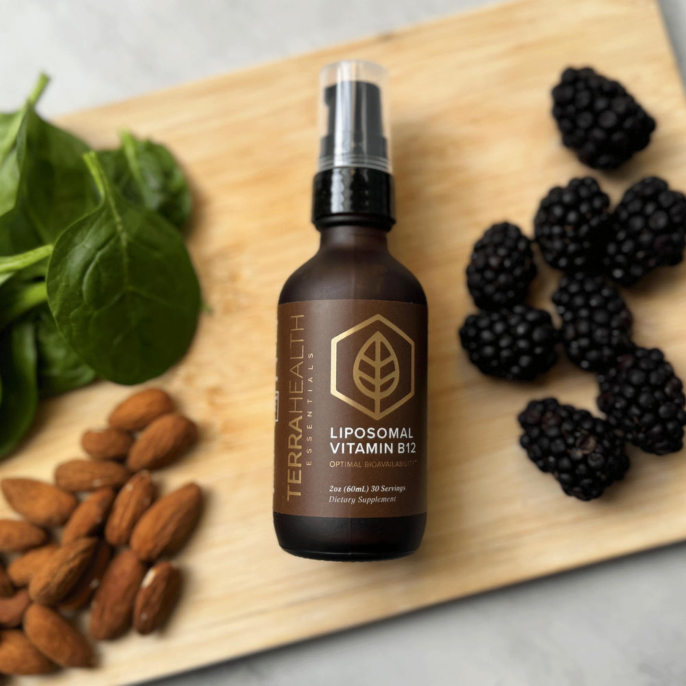 Terra Health Essentials Liposomal B12 shelf display in a modern kitchen for everyday energy.