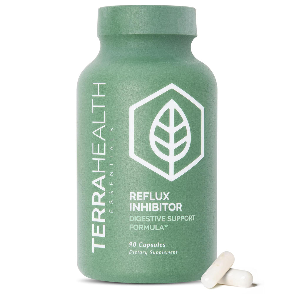 Terra Health Essentials Reflux Inhibitor bottle supports comfortable digestion after meals.
