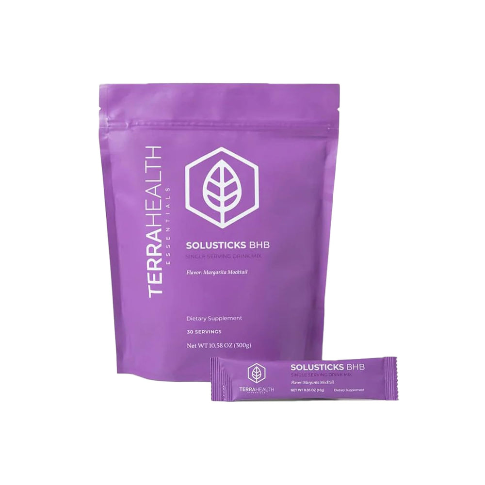 Terra Health Essentials Solusticks BHB Margarita Mocktail bottle pour for smooth energy