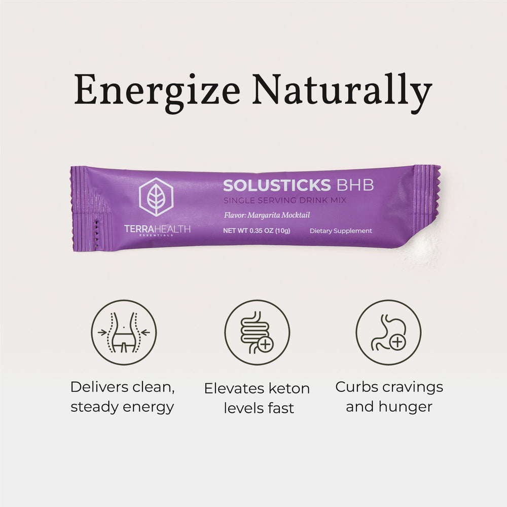 Packaging front highlighting keto-friendly Solusticks Margarita Mocktail
