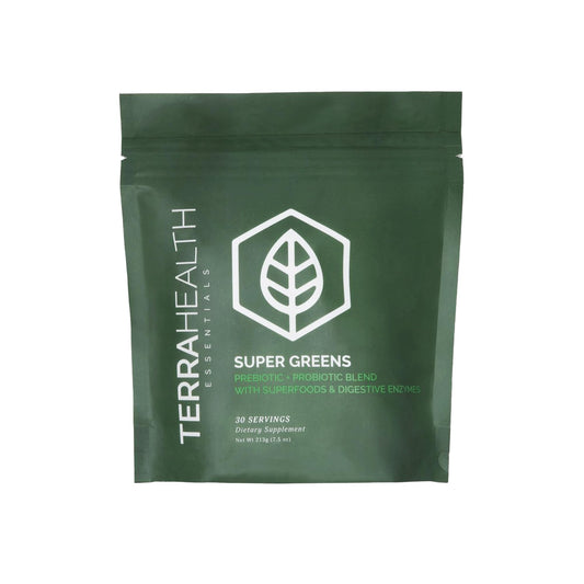 Terra Health Essentials Super Greens bottle label highlights organic ingredients and clean nutrition