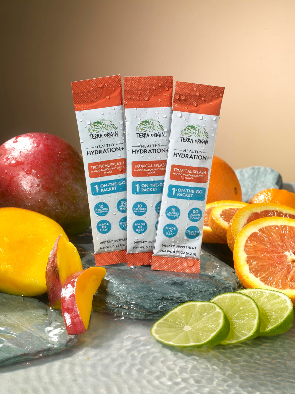After-exercise Terra Origin hydration packets mixed into water after a workout.
