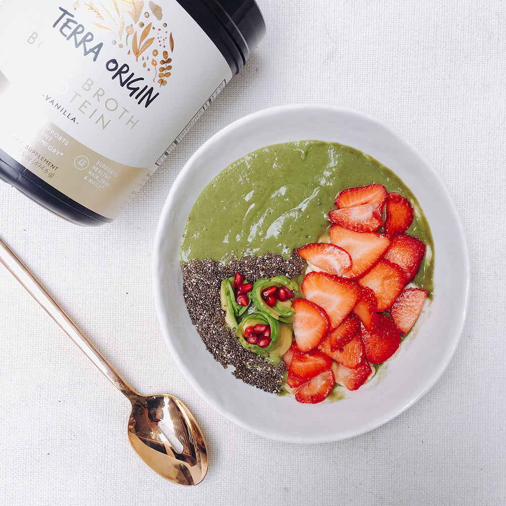 Terra Origin chocolate flavor collagen served with serving scoop ready to mix