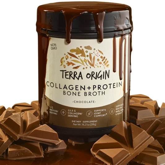 Terra Origin collagen peptides powder tub front showing protein-rich daily wellness