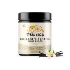 Terra Origin collagen peptides vanilla bottle, premium bone broth protein for daily wellness