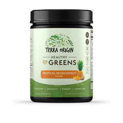 TERRA ORIGIN Healthy Greens powder bottle with tropical flavor for daily immune and gut support