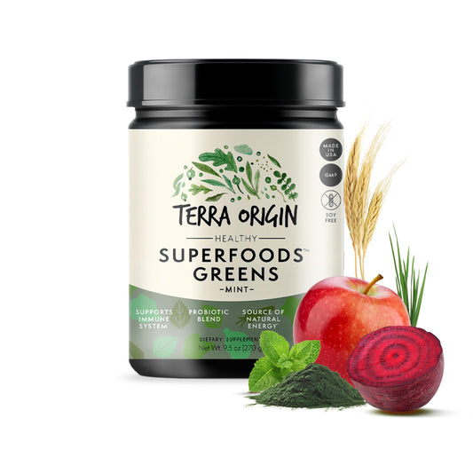 TERRA ORIGIN greens powder bottle on display for daily energy support.