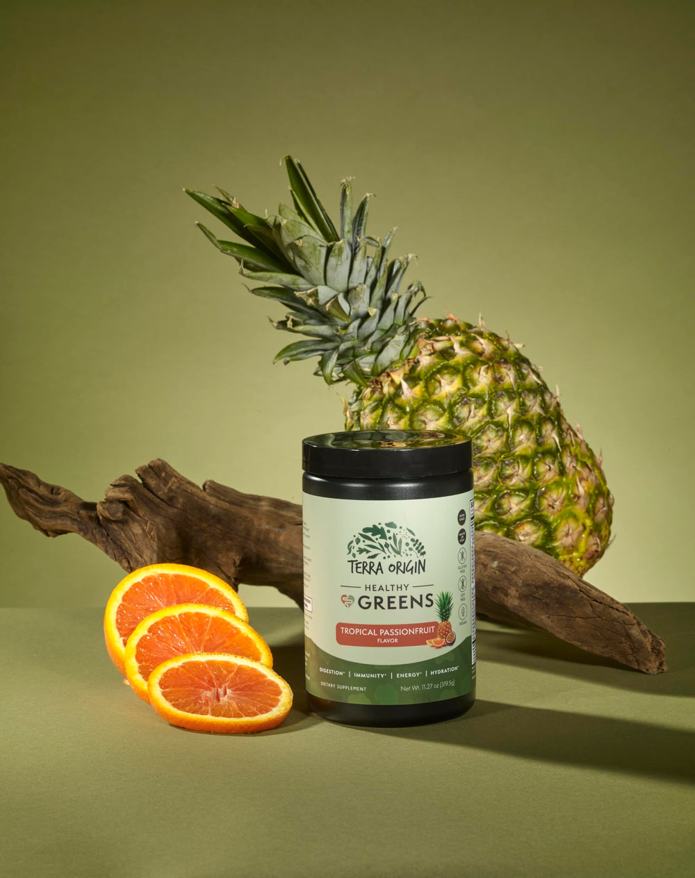 Blended smoothie with Terra Origin Greens ready for energy boosting routine