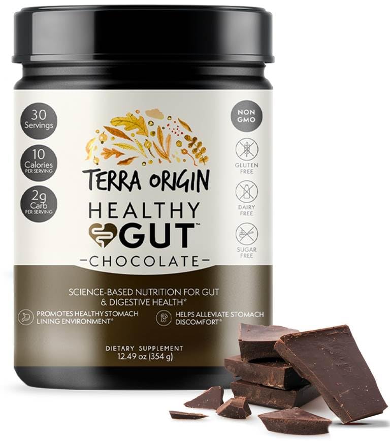 Terra Origin Healthy Gut Chocolate tub with scoop for convenient powder form