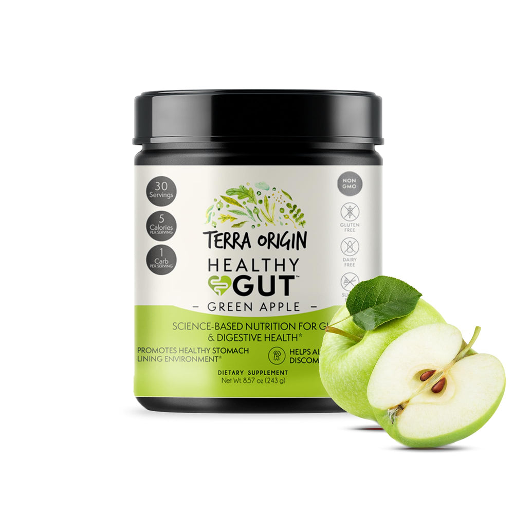 Terra Origin Healthy Gut Green Apple tub showing the formula for digestive support and comfort
