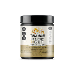 Terra Origin Healthy Gut Powder bottle shows honey lemon flavor for digestive comfort