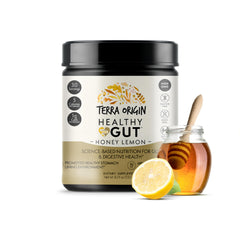 Terra Origin Healthy Gut Powder glass with liquid demonstrates dissolving action