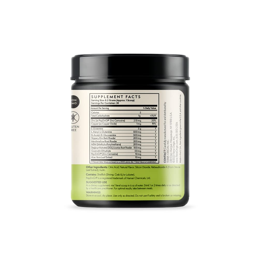 Terra Origin Healthy Gut powder being poured from the scoop for reliable daily use