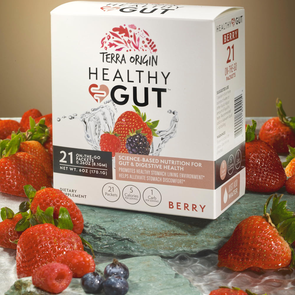 Single Terra Origin Healthy Gut Stick Pack held in hand for travel-friendly use.