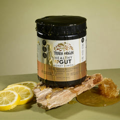 Terra Origin honey lemon packaging highlights tasty gut-friendly flavor