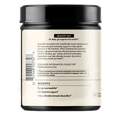 Terra Origin L-Glutamine Zinc Glucosamine ingredients scene suggests gut-supporting nourishment.