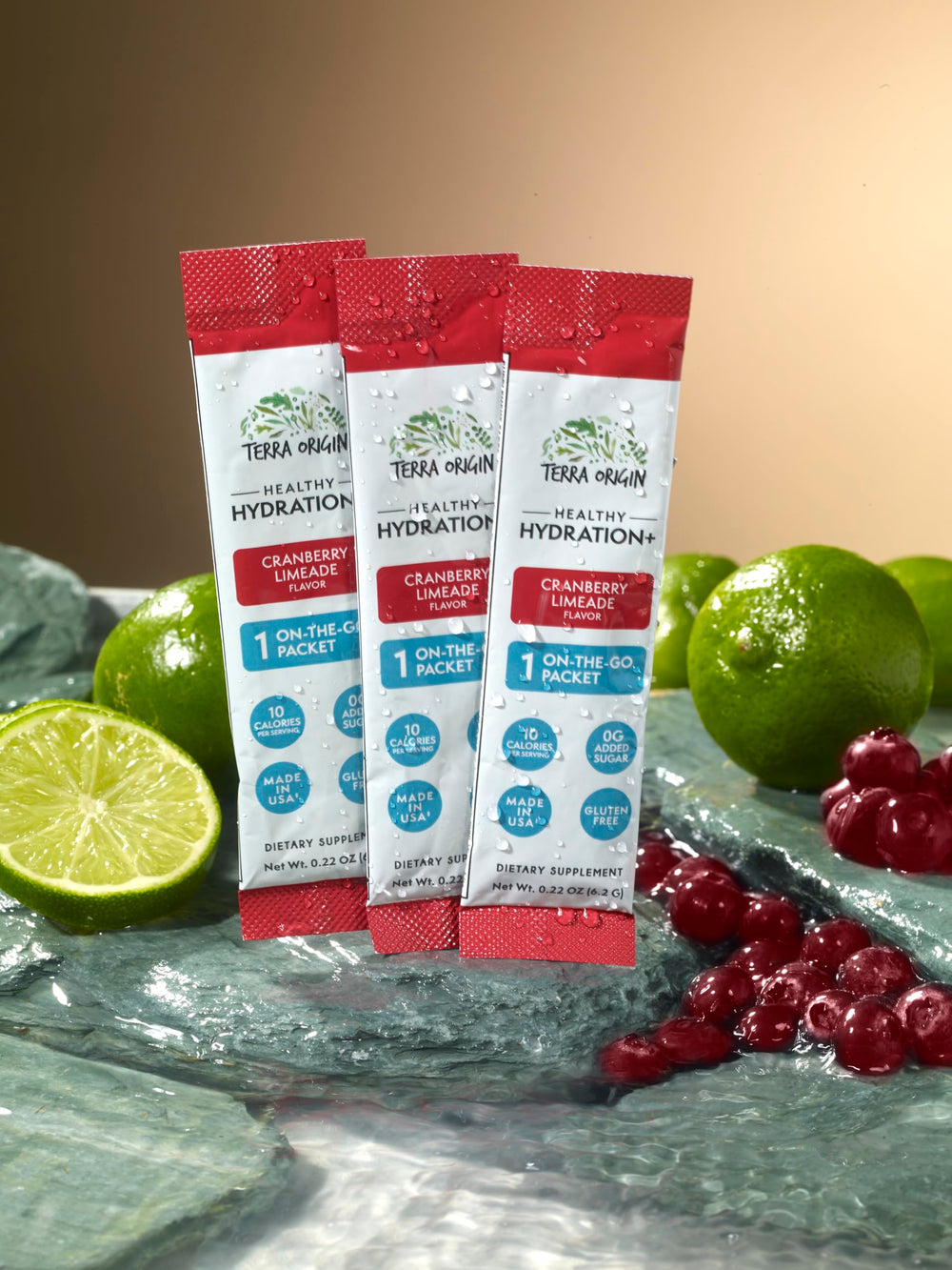 Terra Origin packaged sticks on display for convenient on-the-go hydration
