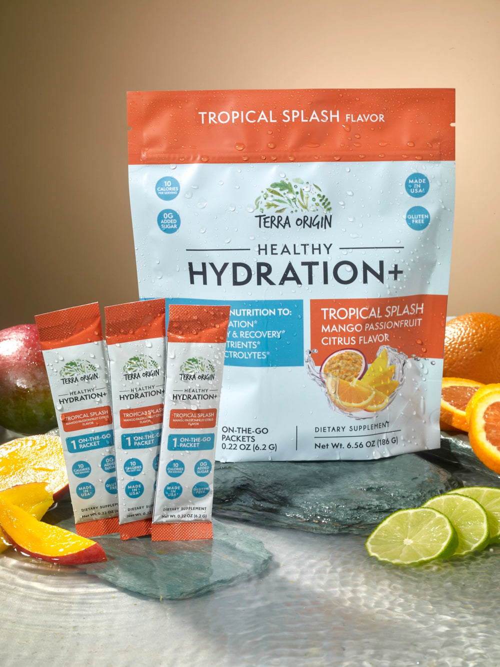 Terra-Origin packets beside a water bottle illustrate quick mix and hydration.