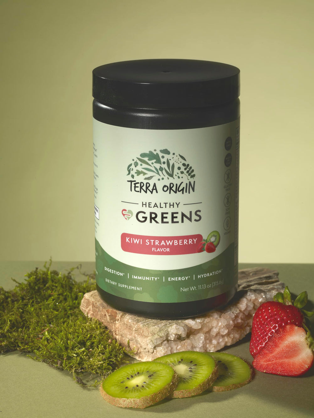 Terra Origin probiotic-digestive blend ingredients close-up highlights supports digestion and gut health.