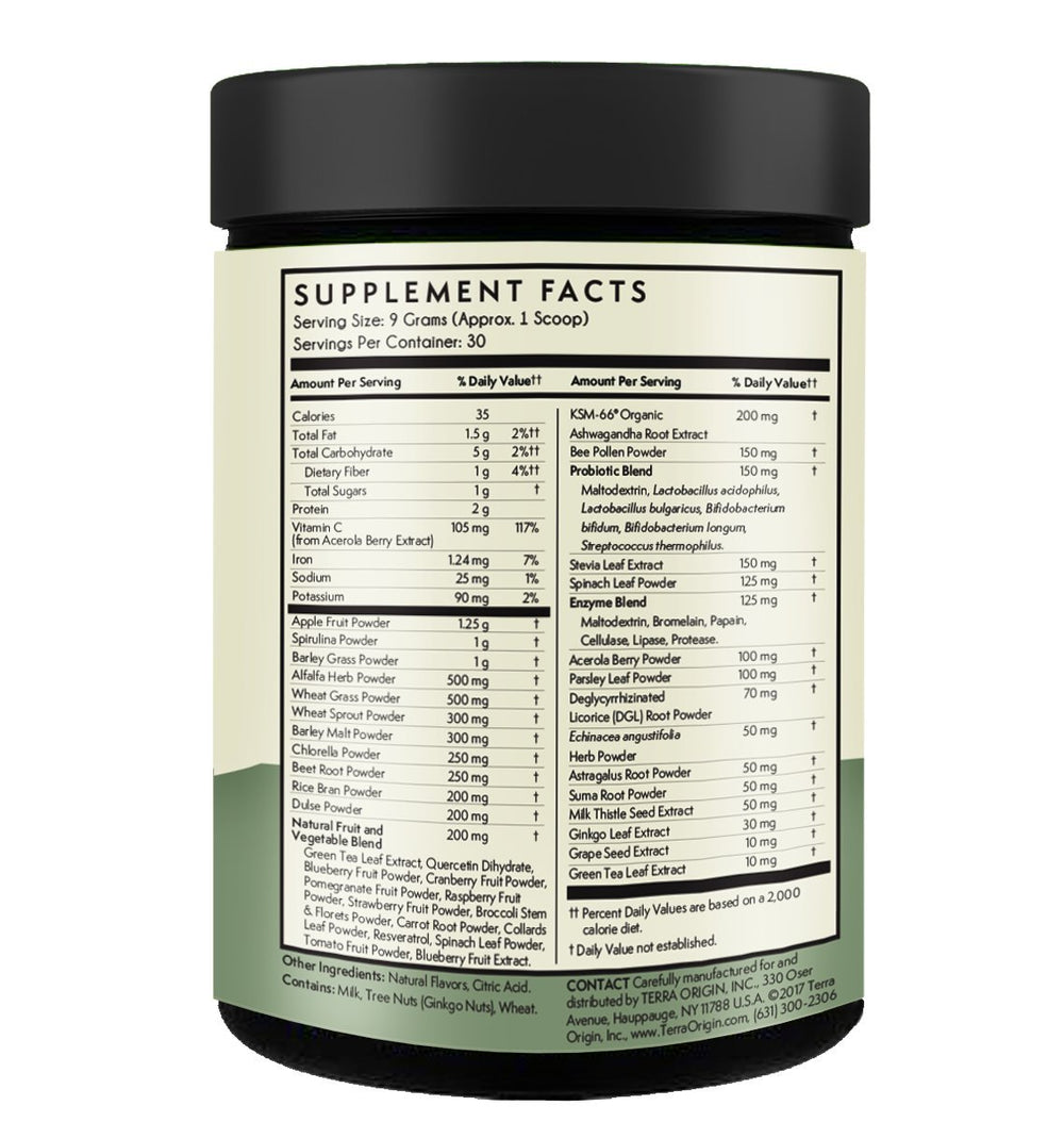 Terra Origin spirulina and chlorella powder mix showcases plant nutrients.