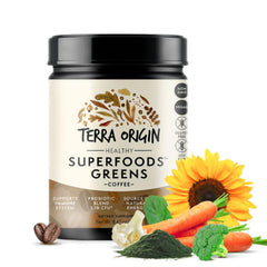 Terra Origin Greens Blend bottle shows vibrant greens for daily nutrition