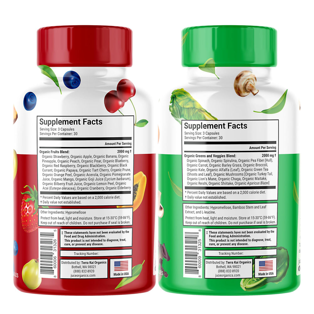 Terra Kai Juce bottle back shows vegan gluten free and non GMO features