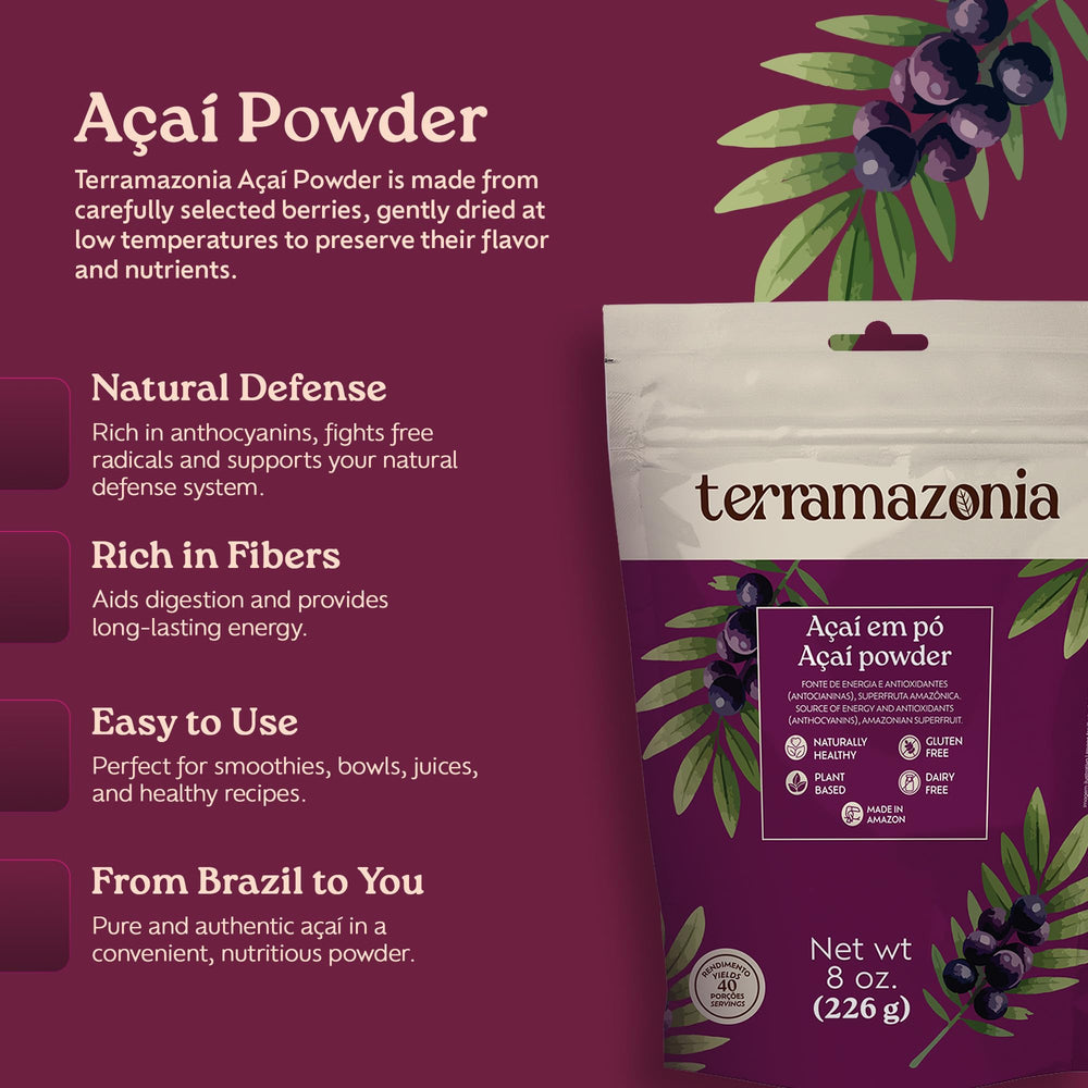 Terramazonia acai powder closeup shows dehydrated texture and rich color.